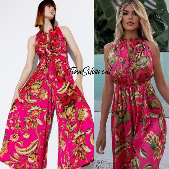 Zara Pants - BLOGGER'S FAVE! Zara Cut Out Printed Jumpsuit Barbie Pink Sz S NWT